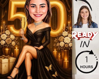 Ritratto caricaturale personalizzato per il 50° compleanno: disegno di cartone animato personalizzato