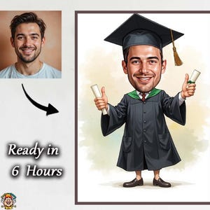 May include: A cartoon illustration of a person wearing a black graduation cap and gown, holding a diploma in one hand and giving a thumbs up with the other. The background is a light beige color.