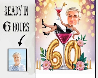 60th Birthday Caricature Portrait: Funny Martini Glass Art (Printable Party  Decor)