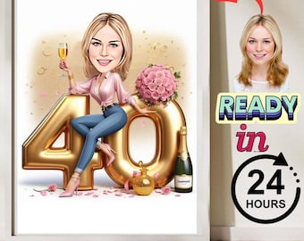 Ritratto caricaturale personalizzato per il 40° compleanno: regalo divertente personalizzato (digitale)