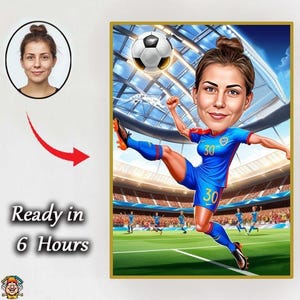 Custom Portrait Cartoon Football Player | Customizable Cartoon Girl Poster, Photo Caricature, Gift Idea for Women Football