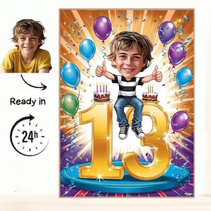13th Boy Birthday caricature / 13th Birthday Invitation / 13th Birthday card / 13th Birthday cake topper /13th Birthday Invitation, gifthim