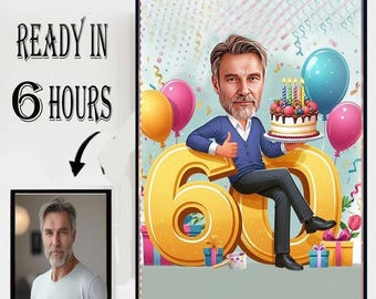 Divertente caricatura per il 60° compleanno con torta, palloncini e regali di festa.