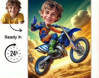 Portrait dessin animé motocross personnalisé : cadeau caricature personnalisé