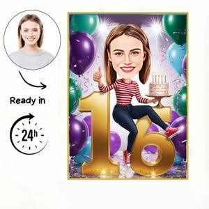 16 girl Birthday caricature /16th Birthday Invitation /16th Birthday card / 16th Birthday cake topper /16th Birthday Invitation, gift