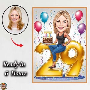 29 girl Birthday caricature /29th Birthday Invitation /29th Birthday card /29th Birthday cake topper /29th Birthday Invitation, gift