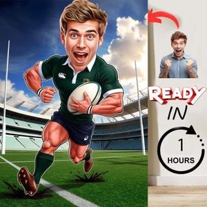 CARICATURA DI GIOCATORE DI RUGBY Disegno animato da foto Decorazione murale unica Regalo per giocatore di rugby Allenatore Fan Schizzi disegnati a mano Football americano