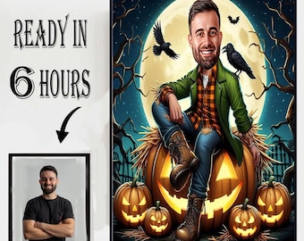 Ritratto di Halloween di un uomo sorridente seduto su zucche luminose con luna piena e corvi