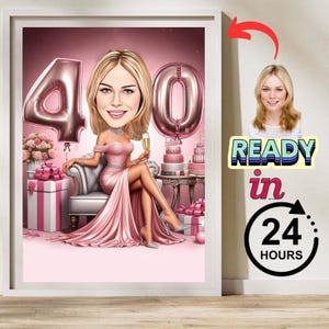 Spersonalizowany 40. portret z kreskówek, 40. urodziny karykatura, karykatura urodzinowa, spersonalizowany prezent urodzinowy, zabawny prezent, cyfrowa kartka urodzinowa