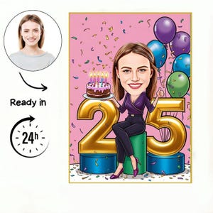 25 girl Birthday caricature /25th Birthday Invitation /25th Birthday card /25th Birthday cake topper /25th Birthday Invitation, gift