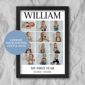 Póster de collage de fotos del primer año de tu bebé: regalo personalizado con foto para el primer cumpleaños del mes. Impresión personalizada con nombre y fechas para recién nacidos.