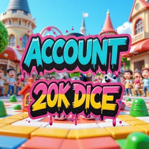 以下が含まれることがあります： 「ACCOUNT 20K DICE」という文字が遊び心のあるフォントで描かれたカラフルな画像。テキストは、人々や建物のある街並みの漫画風の背景に配置されています。全体的なテーマは、ゲームやデジタルコンテンツに関連している可能性があります。
