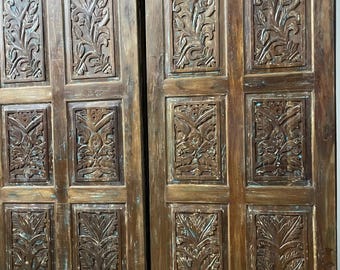 Vintage Bohemian Floral Hand Carved Door Reclaimed Solid Wood Vintage Farmhouse Wall Art Single Interior Door Artsy Barn Door 84x36