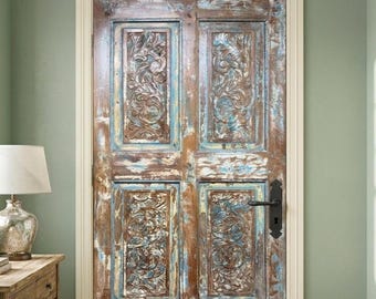 Floral Carved Solid Wood Door, Old Spanish Style Farmhouse Sliding Barn Door (80x32.5)