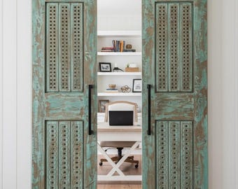 Vintage Carved Wood Double Doors: Antique Sliding Barn Doors with Brass Stud Detail (80x40)
