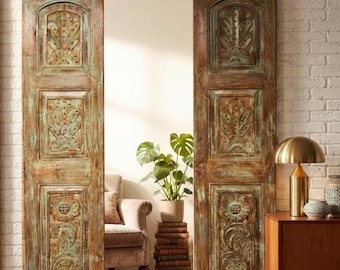 Antique Green Carved Wood Double Doors: Copper Accents Farmhouse Floral Barn Doors 80x35