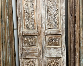 Antique Carved Solid Wood Double Doors: Sliding Barn Doors with Brass Stud Detail 80x36