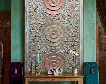 Vintage Indian Carved Wall Panel Multi Blue Lotus Headboard Wellness Art Decor 60x36
