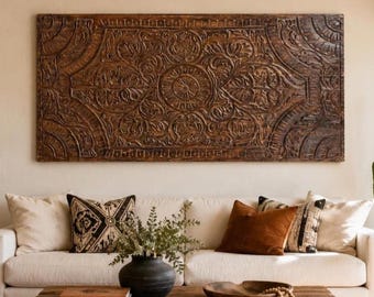 Vintage Boho Lotus Carved Wall Panel Dark Wood Headboard India Artistic Decor 60x30