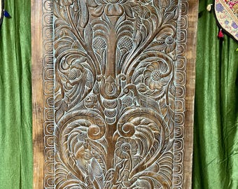 Tree Of Life Door Hand Carved Door Interior Barn Door Wall Sculpture Vintage Indian Carving Custom Artisan Barndoor 84x41in
