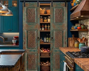 Antique Carved Wood Pantry Doors: Vintage Green Farmhouse Floral Barn Door 80x32