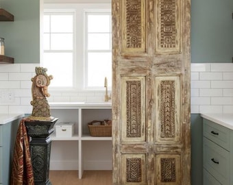 Antique Carved Teak Door Panel: Reclaimed Wood Custom Barn Door (80x26)