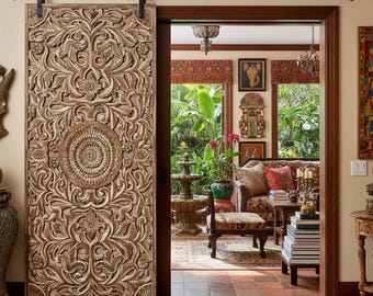 Thousand Petal Lotus Carved Wood Door: Vintage Home Decor Wall Art Headboard (80x36)