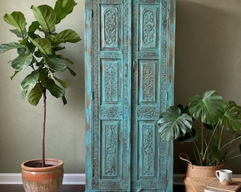 Antique Indian Armoire Carved Solid Wood Turquoise Bookcase Cabinet with Brass Studs 83