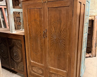 Mid Century Carved Teak Armoire British Colonial Style Rustic Storage Cabinet 62x38
