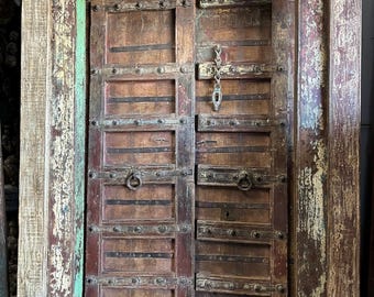 Antique Indian Doors with Frame | Rustic Carved Distressed Entryway | Exterior Garden Gates 84x57