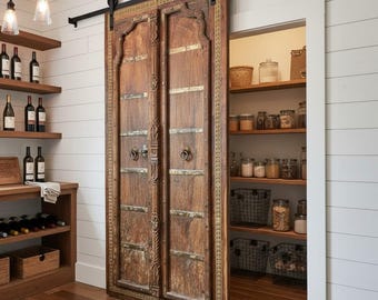 Antique Carved Teak Double Door: Rustic Farmhouse Country Ranch Barn Doors, 81x43in