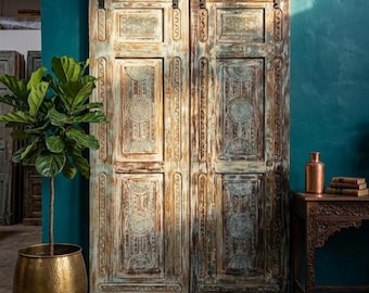 Vintage Artistic Entry Doors Reclaimed Wood Hand-Carved Ornate Sliding Barn Doors 96x31.5