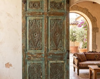 Antique Solid Wood Carved Door | Rustic Bold Single Hinged or Sliding Barn Door | 80x38.25