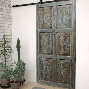 Huge Rustic Carved Door Panel Reclaimed Solid Wood Vintage Farmhouse Floral Hinged Sliding Barndoor Sculptural Exterior Interior Door 96X48