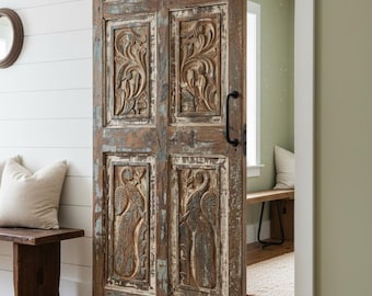 Antique Hand-Carved Door: Spanish Style Rustic Wood Barn Door 80x32.75