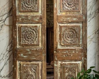 Antique Teak Double Doors – Natural Wood Carved Floral Farmhouse Barn Doors 80x42