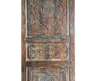 Vintage Bohemian Floral Hand Carved Door Reclaimed Solid Wood Vintage Maximalist Wall Art Single Interior Door Decorative Barn Door 84x36