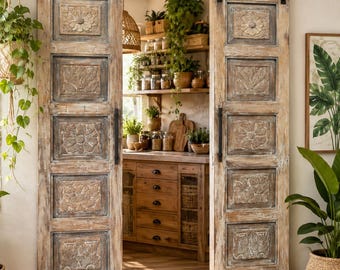 Vintage Indian Door Panels Pair | Hand-Carved Botanical Relief | Whitewash Teak Pantry Barn Door 80x27.5