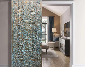 Boho Carved Door Lotus Floral Accents Customized Vintage Barn Door Rustic Blue Painted Statement Home Office Library Door Wall Art 80x36