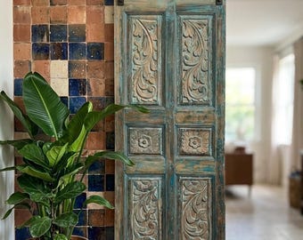 Antique Carved Wood Single Barn Door – Distressed Blue Statement Floral Door 80x27