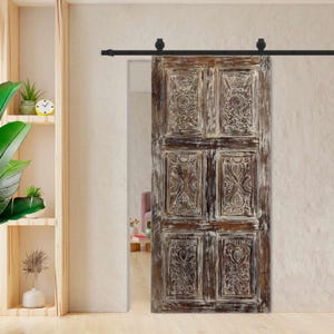Hand-Carved Floral Whitewash Barn Door: Reclaimed Wood Rustic Decor (80x36)