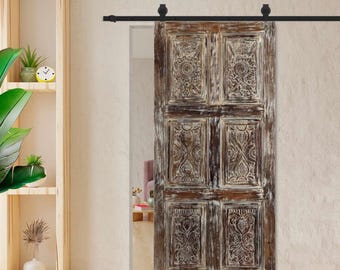 Vintage Hand Carved Floral Door Reclaimed Solid Wood Rustic Farmhouse Whitewash Interior Door Artistic Decorative Barn Door 80x36