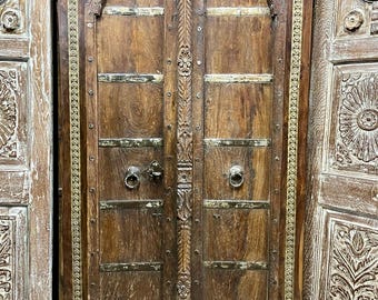Antique Carved Teak Double Door: Rustic Farmhouse Country Ranch Barn Doors, 81x43in