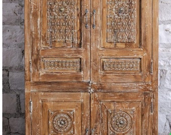 Antique Carved Armoire Cabinet 4 Door Solid Wood Brass Accents Vintage Indian Furniture 77x38