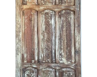 Vintage Carved Reclaimed Wood Barn Door – Modern Farmhouse Wooden Tall Door 96x36