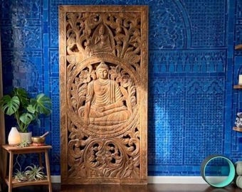 Vintage Lattice Carved Wood Dhyana Buddha Wall Art : Yoga Wellness Decor Panel 72x35