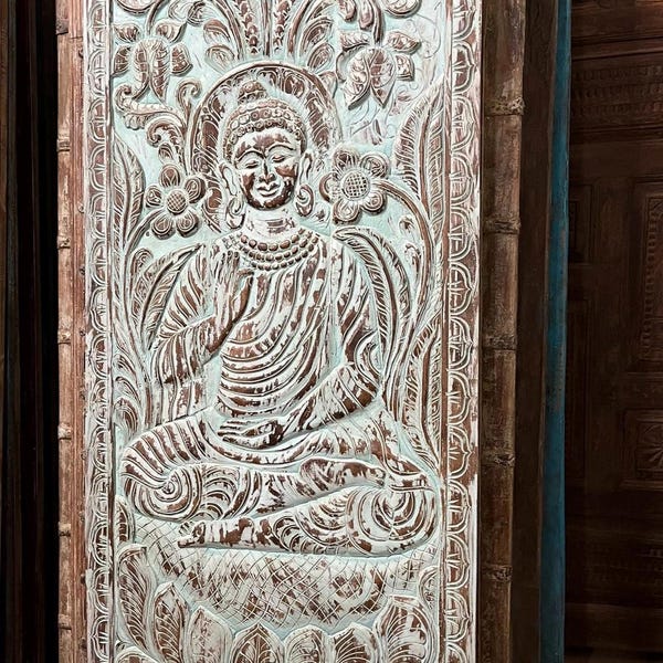 Vintage Carved Wood Buddha Wall Art : Yoga Wellness Barn Door Panel 83x36in