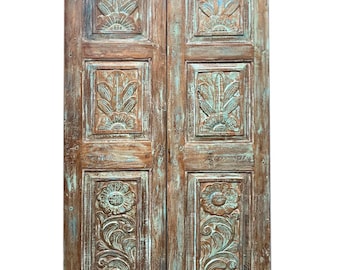 Antique Hand-Carved Wood Double Doors: Custom Floral Barn Doors 80x34