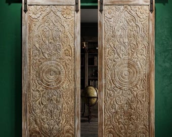 Vintage White Lotus Entry Doors Double Carved Wooden Farmhouse Sliding Barn Doors (96x36)