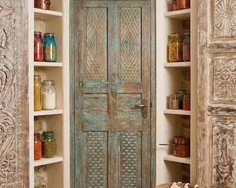 Antique Carved Wood Single Door: Dusty Blue Patina Modern Hinged or Barn Door 80x28